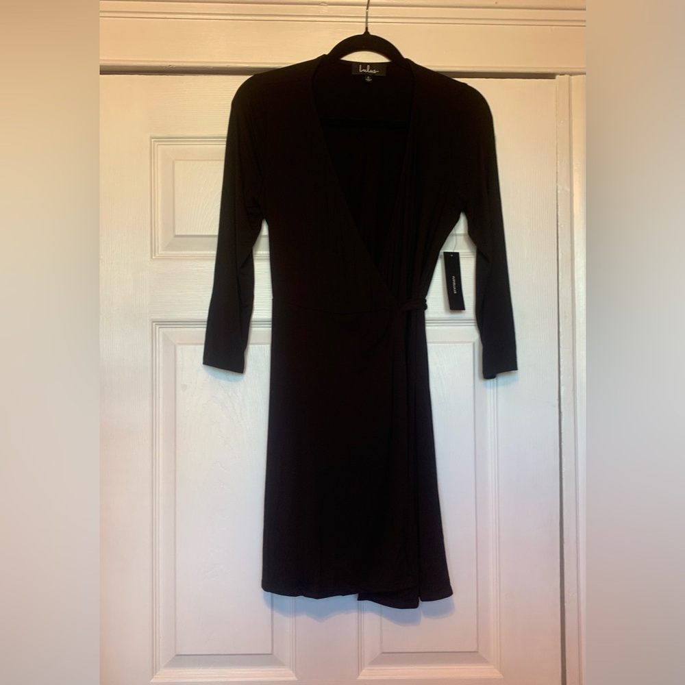 Lulu's Black Long Sleeve Wrap-Style Dress